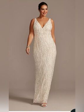 DB Studio Beaded Matte Sequin V-Neck Sheath Wedding Dress Ivory Flattering